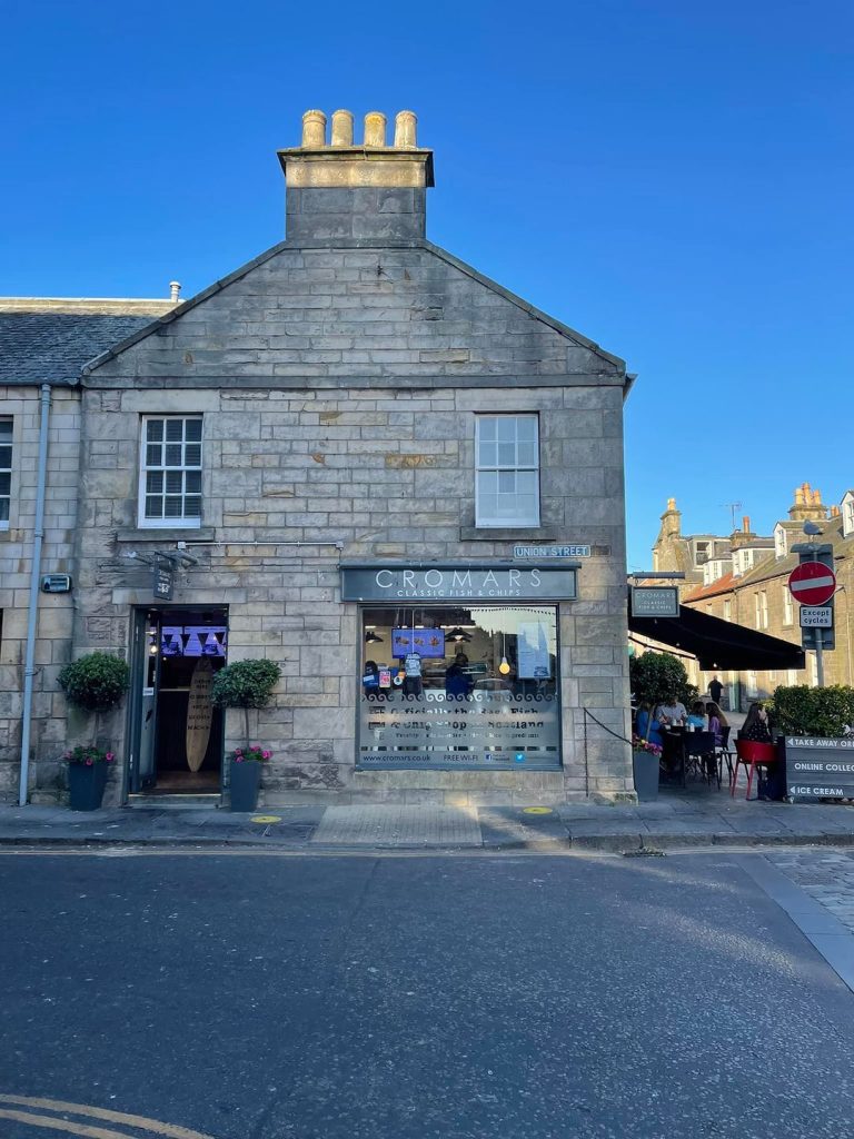 Outside view of Cromars fish and chips shop in St Andrews, voted best fish supper 2023