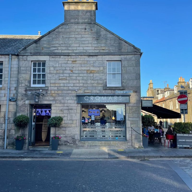 Outside view of Cromars fish and chips shop in St Andrews, voted best fish supper 2023