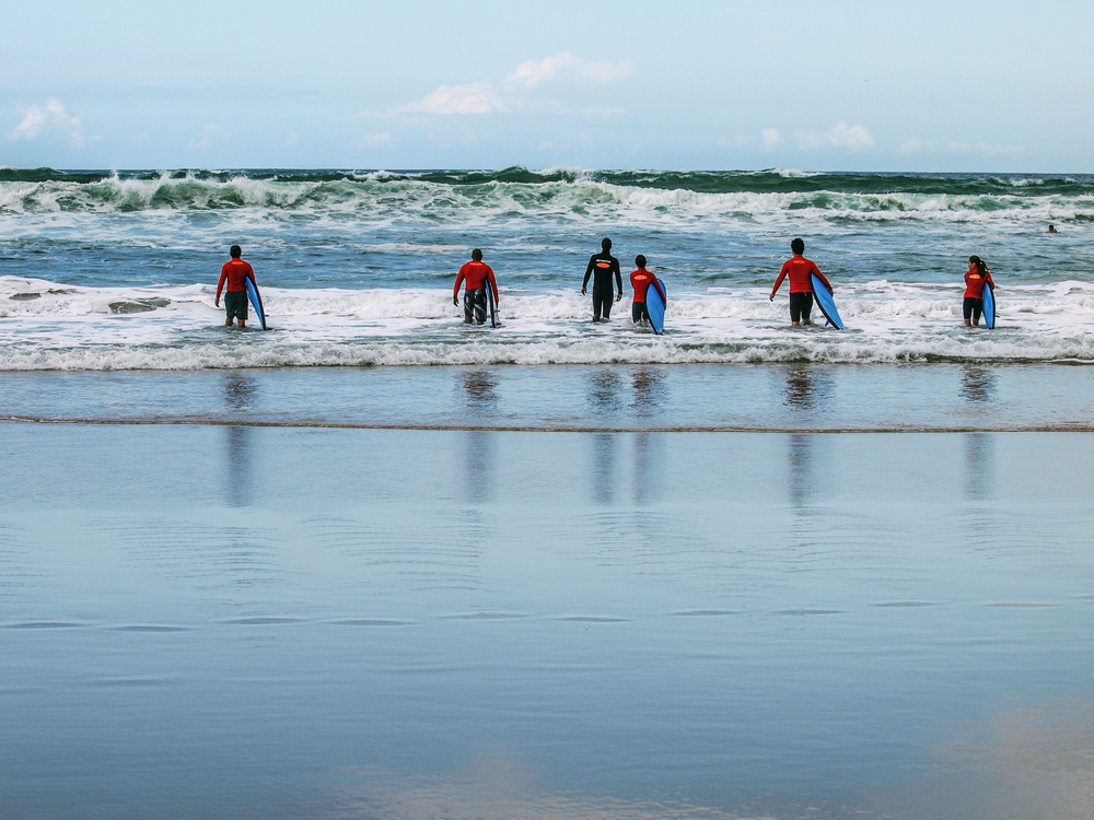 Group of surfing students are going to ride waves.
