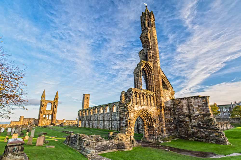 St Andrews cathedral with stunning blue and cloudy sky